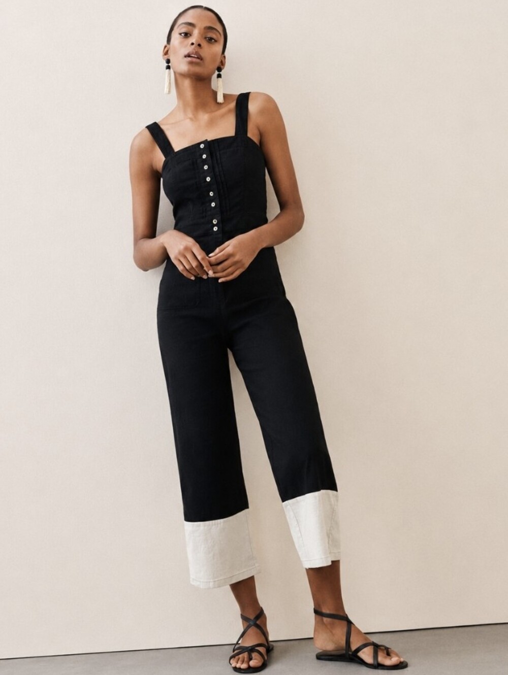 Maeve Colette Cropped Wide Leg Overalls Jumpsuit with White Cuff Detail